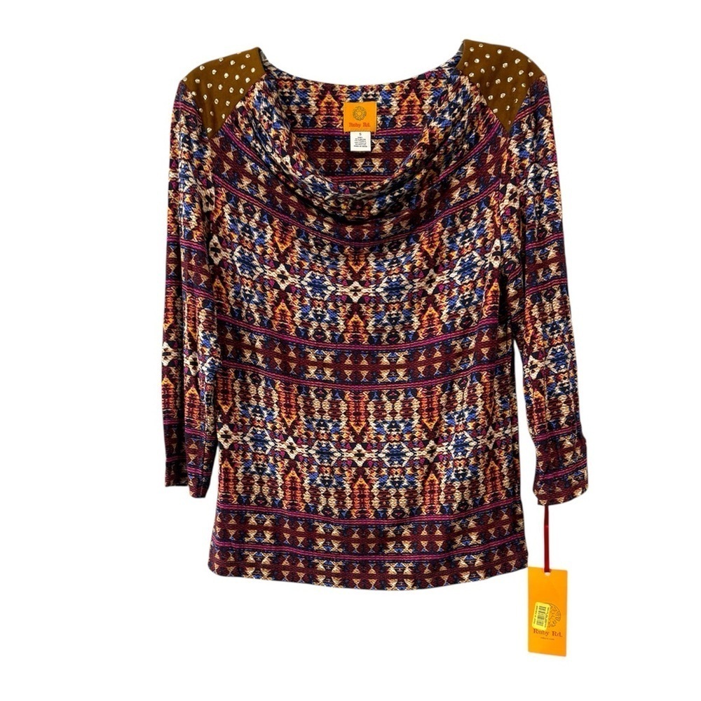 Ruby Rd. NWT Blouse Boat‎ Neck Embellished Shoulder Boho Nouveau Print Size Smal